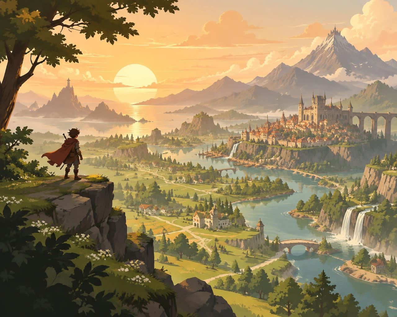 Concept art of a 2D game world with a tiny adventurer overlooking a lush valley.